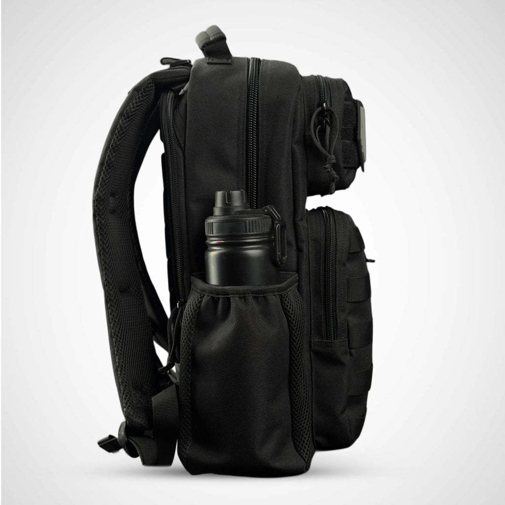 side view of HONO black tactical backpack with bottle holder pocket 