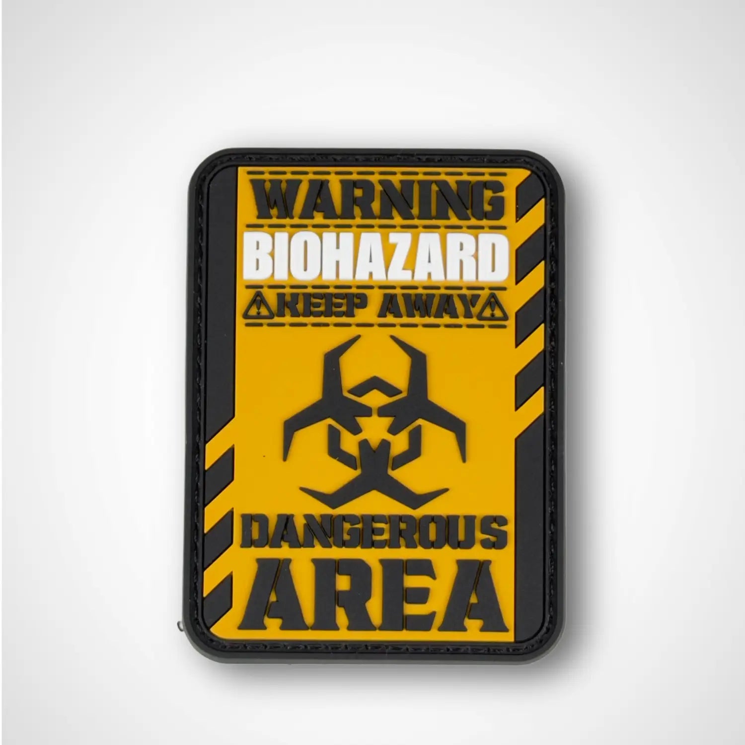 Warning biohazard PVC  patch with yellow and black design on a white background