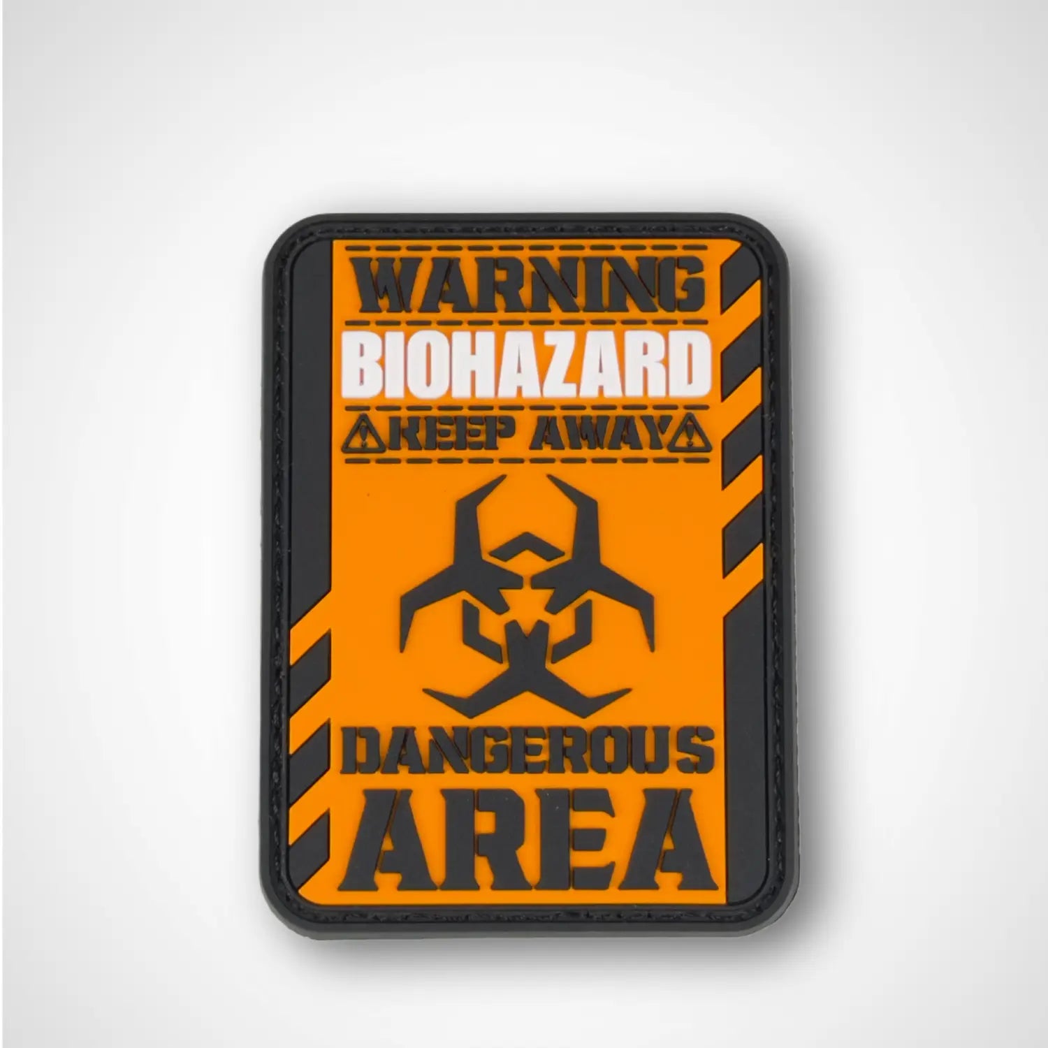 Biohazard warning pvc patch with orange and black design on a white background