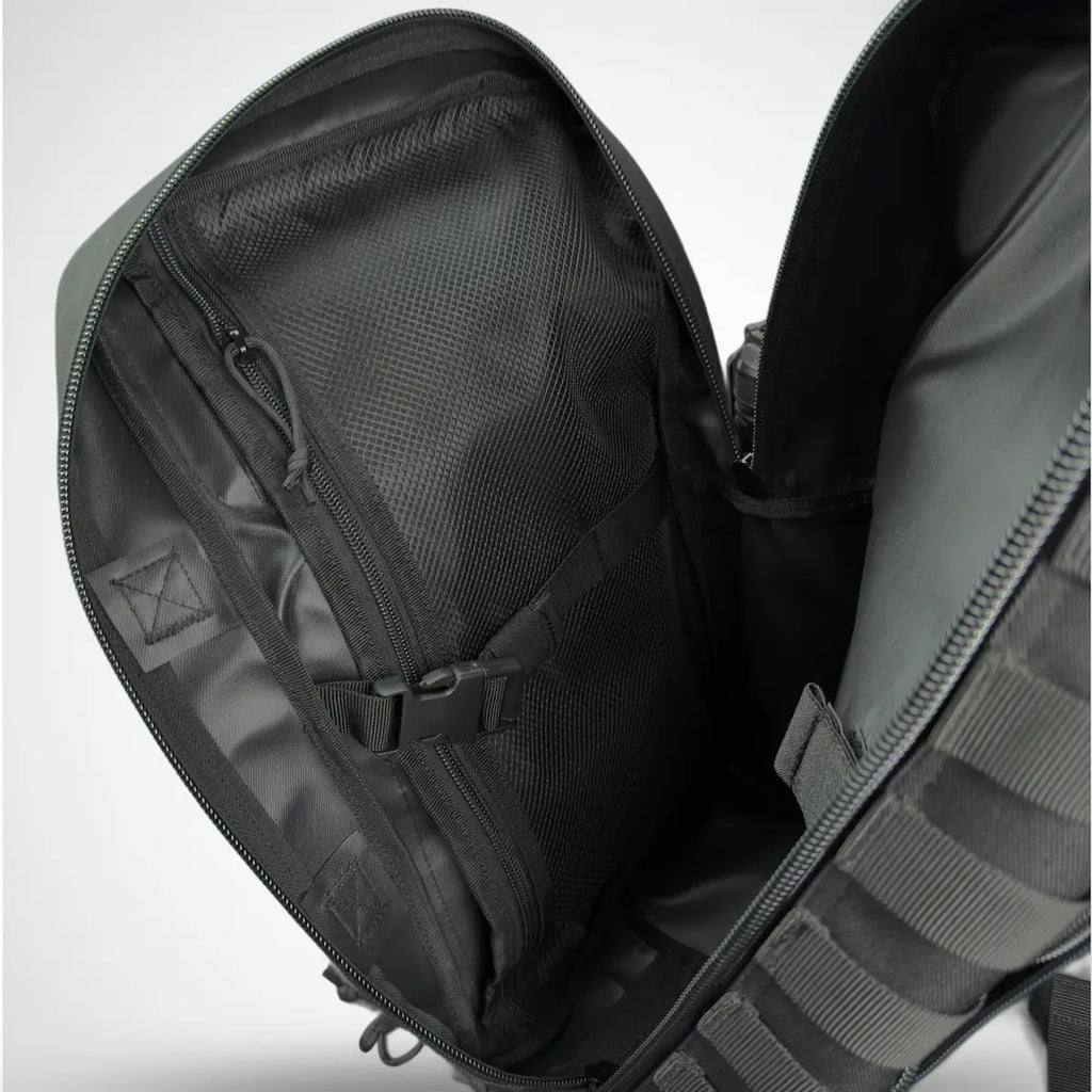 inner view of 25 L HONO tactical backpack with organized zipper pockets 