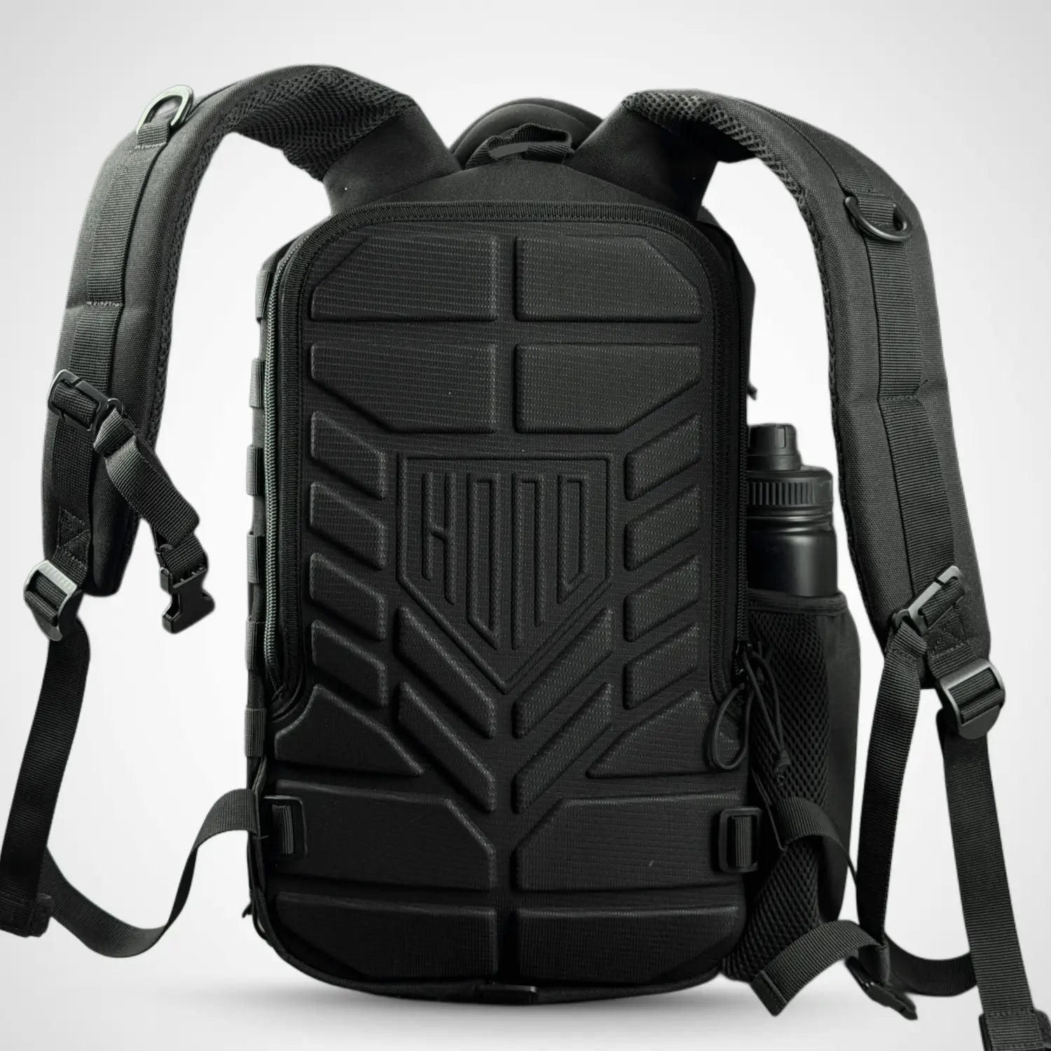 back view of 25 L tactical backpack with hard panel for protecting 14 inch laptop 