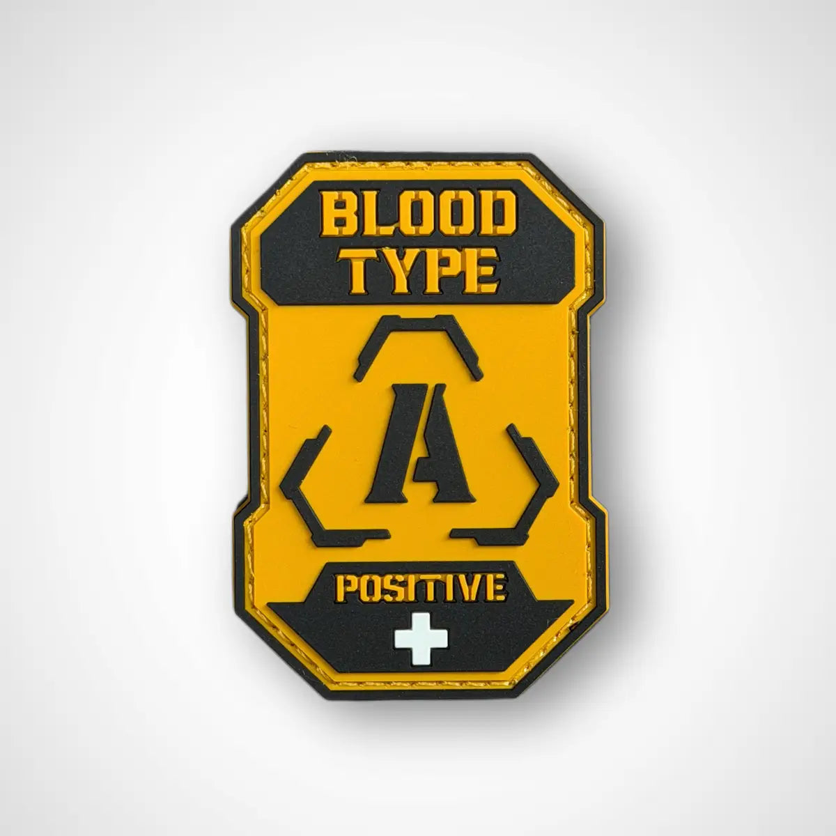 Patch with 'Blood Type A Positive' text on a yellow and black background