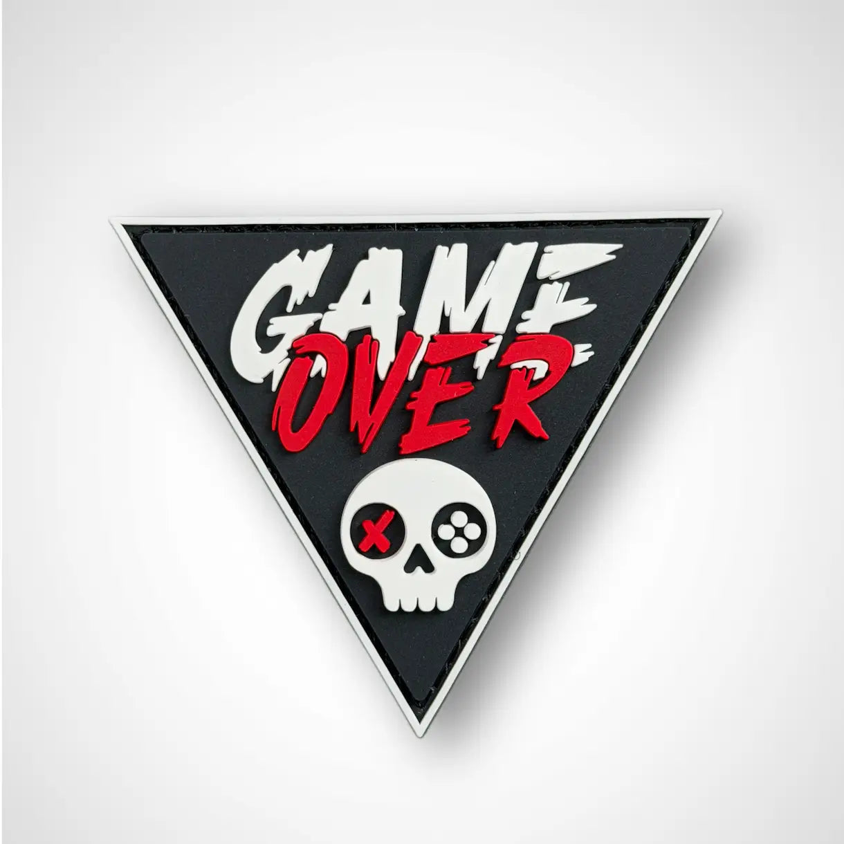 Triangular PVC PATCH with 'GAME OVER' text and skull design on a white background