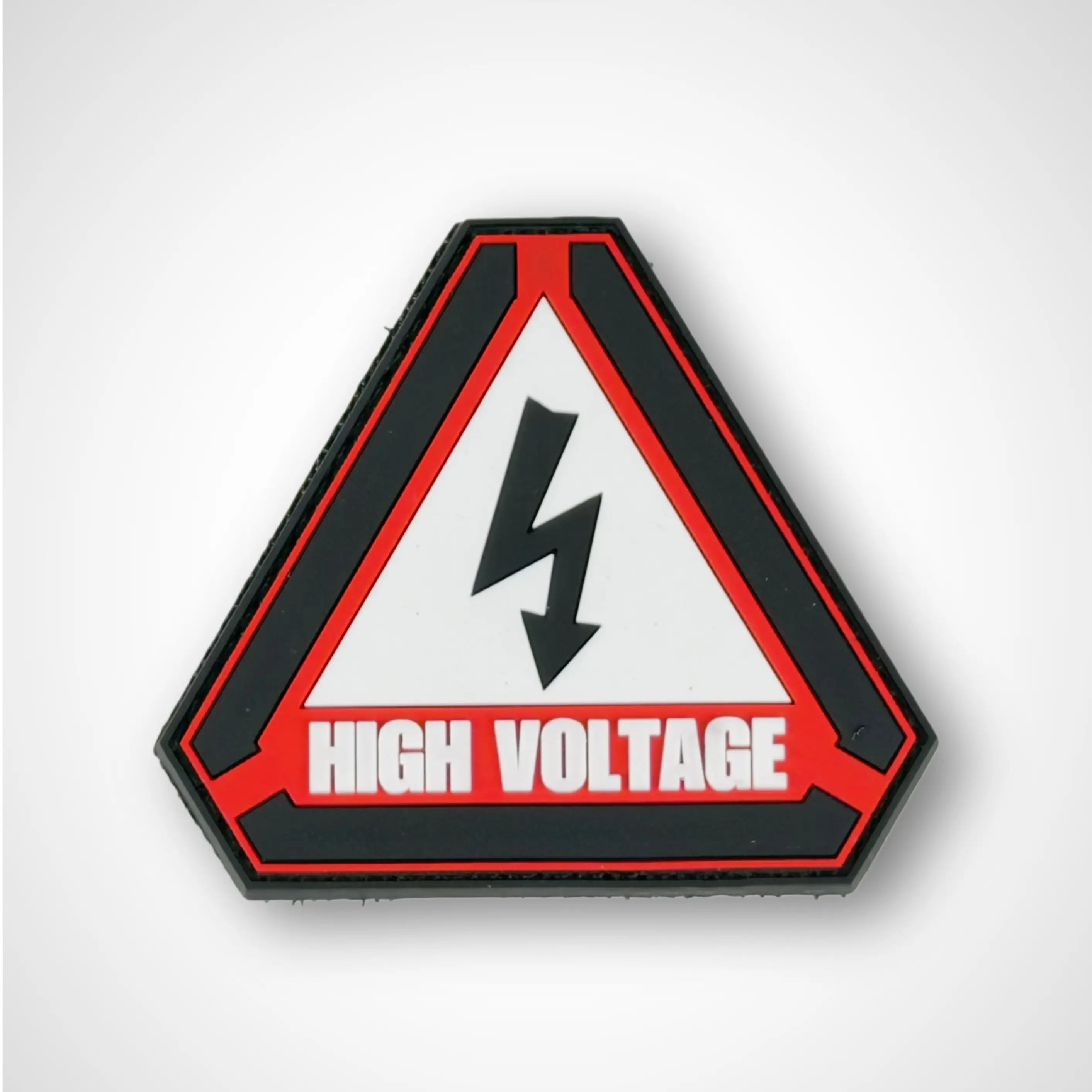 PVC RUBBER PATCH High voltage warning sign with black lightning bolt symbol on a white background