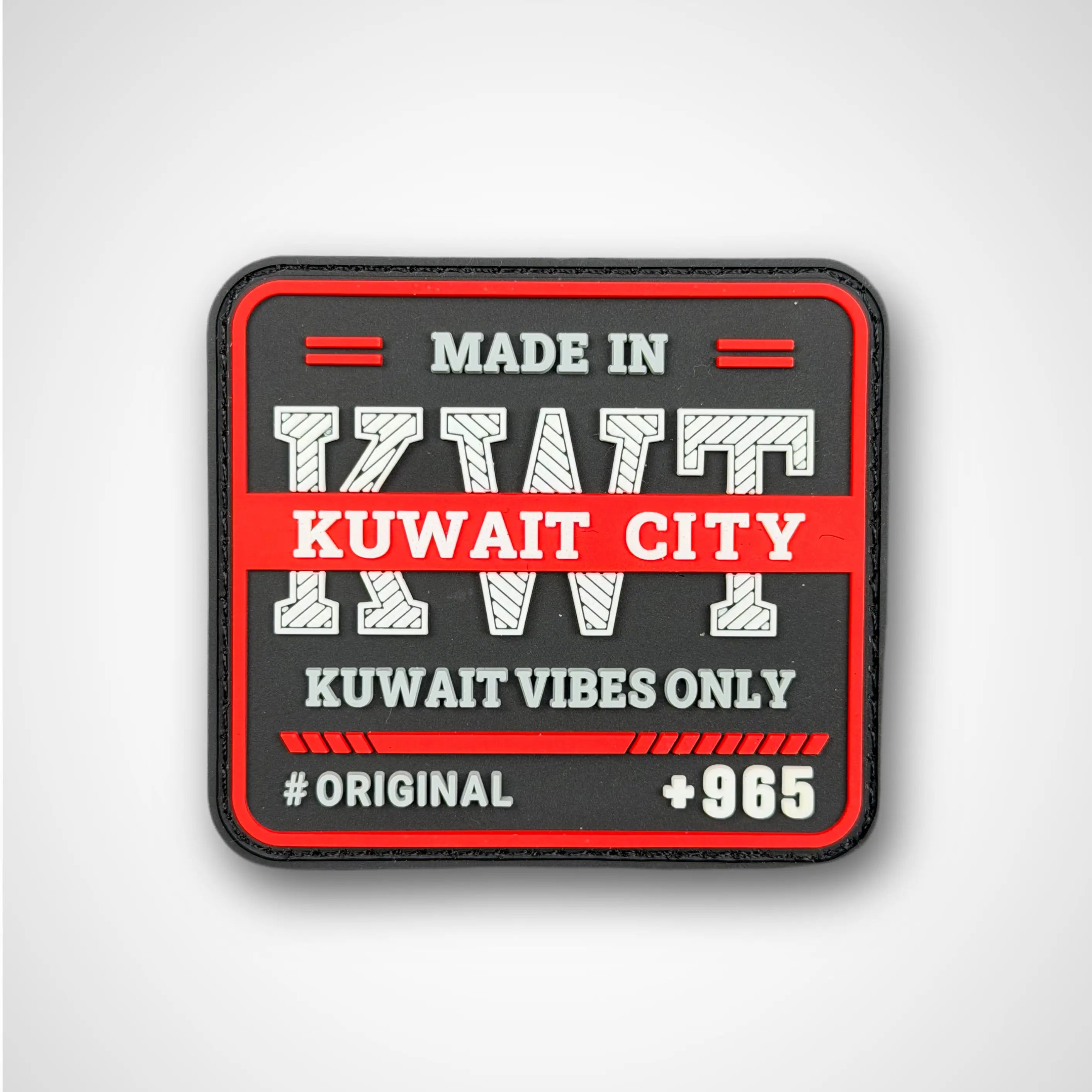 Patch with text 'Made in Kuwait City, Kuwait Vibes Only' on a gray background